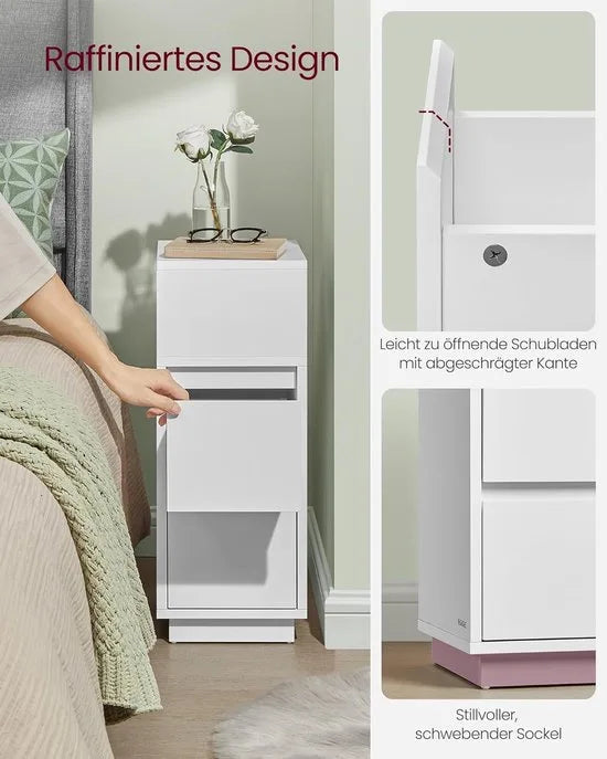 Furnstar - Nachtkastje - Smal - Bijzettafel met 2 laden - Open vak links of rechts monteerbaar - Voor slaapkamer en woonkamer - Ebbenzwart – Furnstar Wolkenwit (2800)