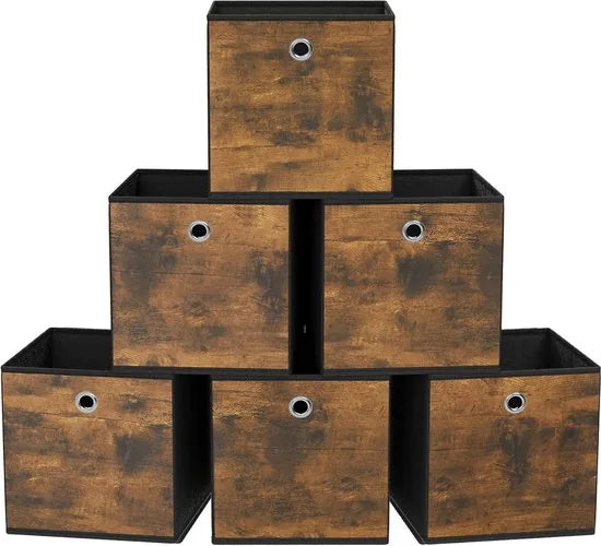 FurnStar - Opbergdoos - set van 6 - opbergdozen - vliesstof - vouwdoos - 26 x 26 x 28 cm - stoffen doos - voor kubusplank - organizer voor kleding - vintage bruin-zwart