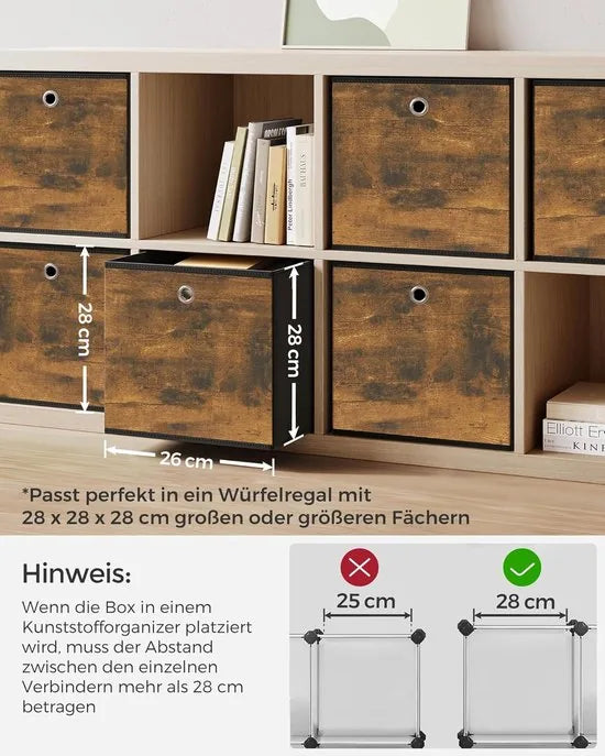 FurnStar - Opbergdoos - set van 6 - opbergdozen - vliesstof - vouwdoos - 26 x 26 x 28 cm - stoffen doos - voor kubusplank - organizer voor kleding - vintage bruin-zwart