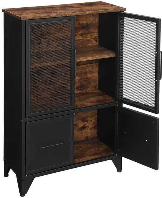 Furnstar Opbergkast Industrieel – Sideboard met Metalen Gaasdeuren – Kast met Planken – 75 x 33 x 100 cm – Rustiek Bruin/Zwart