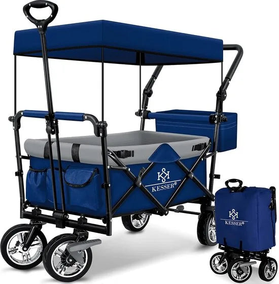 FurnStar - Opvouwbare Handkar Met Dak Handkar - Transportwagen - incl. 2X 3 puntsgordelsysteem - Opvouwbaar - Massief Rubberen Banden - Tot 80kg - Voor en Achterrem - Draagtas, Kaki – Blauw/grijs