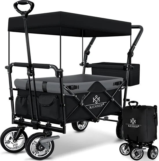 FurnStar - Opvouwbare Handkar Met Dak Handkar - Transportwagen - incl. 2X 3 puntsgordelsysteem - Opvouwbaar - Massief Rubberen Banden - Tot 80kg - Voor en Achterrem - Draagtas, Kaki – Zwart