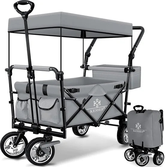 FurnStar - Opvouwbare Handkar Met Dak Handkar - Transportwagen - incl. 2X 3 puntsgordelsysteem - Opvouwbaar - Massief Rubberen Banden - Tot 80kg - Voor en Achterrem - Draagtas, Kaki – Grijs