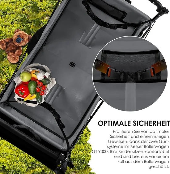FurnStar - Opvouwbare Handkar Met Dak Handkar - Transportwagen - incl. 2X 3 puntsgordelsysteem - Opvouwbaar - Massief Rubberen Banden - Tot 80kg - Voor en Achterrem - Draagtas, Kaki – Zwart