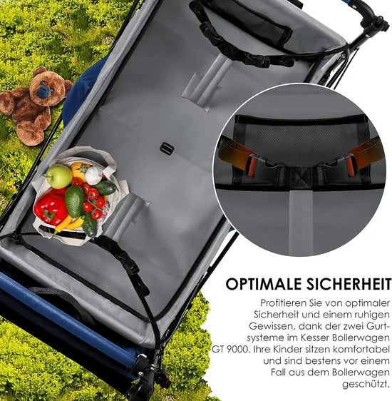 FurnStar - Opvouwbare Handkar Met Dak Handkar - Transportwagen - incl. 2X 3 puntsgordelsysteem - Opvouwbaar - Massief Rubberen Banden - Tot 80kg - Voor en Achterrem - Draagtas, Kaki – Blauw/grijs