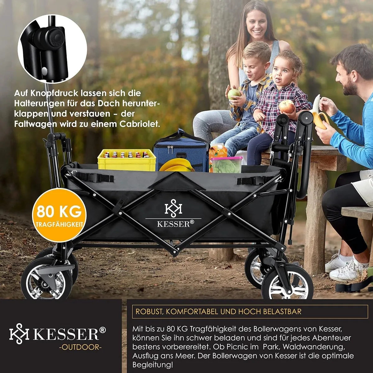 FurnStar - Opvouwbare Handkar Met Dak Handkar - Transportwagen - incl. 2X 3 puntsgordelsysteem - Opvouwbaar - Massief Rubberen Banden - Tot 80kg - Voor en Achterrem - Draagtas, Kaki – Zwart