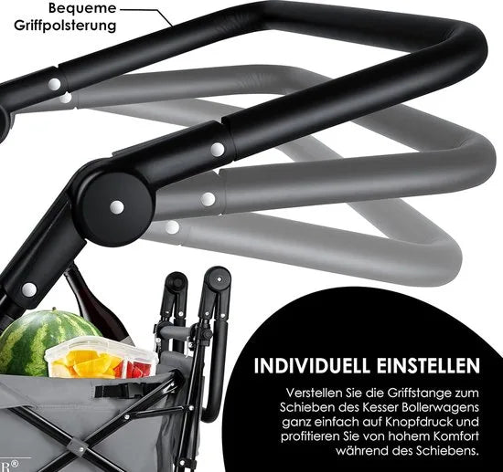 FurnStar - Opvouwbare Handkar Met Dak Handkar - Transportwagen - incl. 2X 3 puntsgordelsysteem - Opvouwbaar - Massief Rubberen Banden - Tot 80kg - Voor en Achterrem - Draagtas, Kaki – Grijs