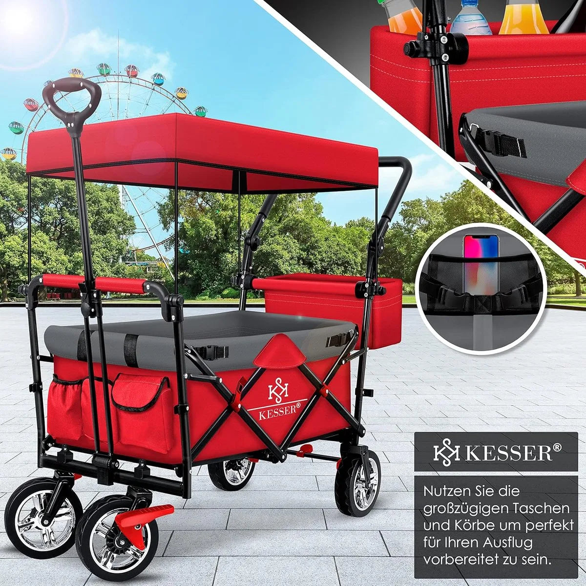 FurnStar - Opvouwbare Handkar Met Dak Handkar - Transportwagen - incl. 2X 3 puntsgordelsysteem - Opvouwbaar - Massief Rubberen Banden - Tot 80kg - Voor en Achterrem - Draagtas, Kaki – Rood/grijs