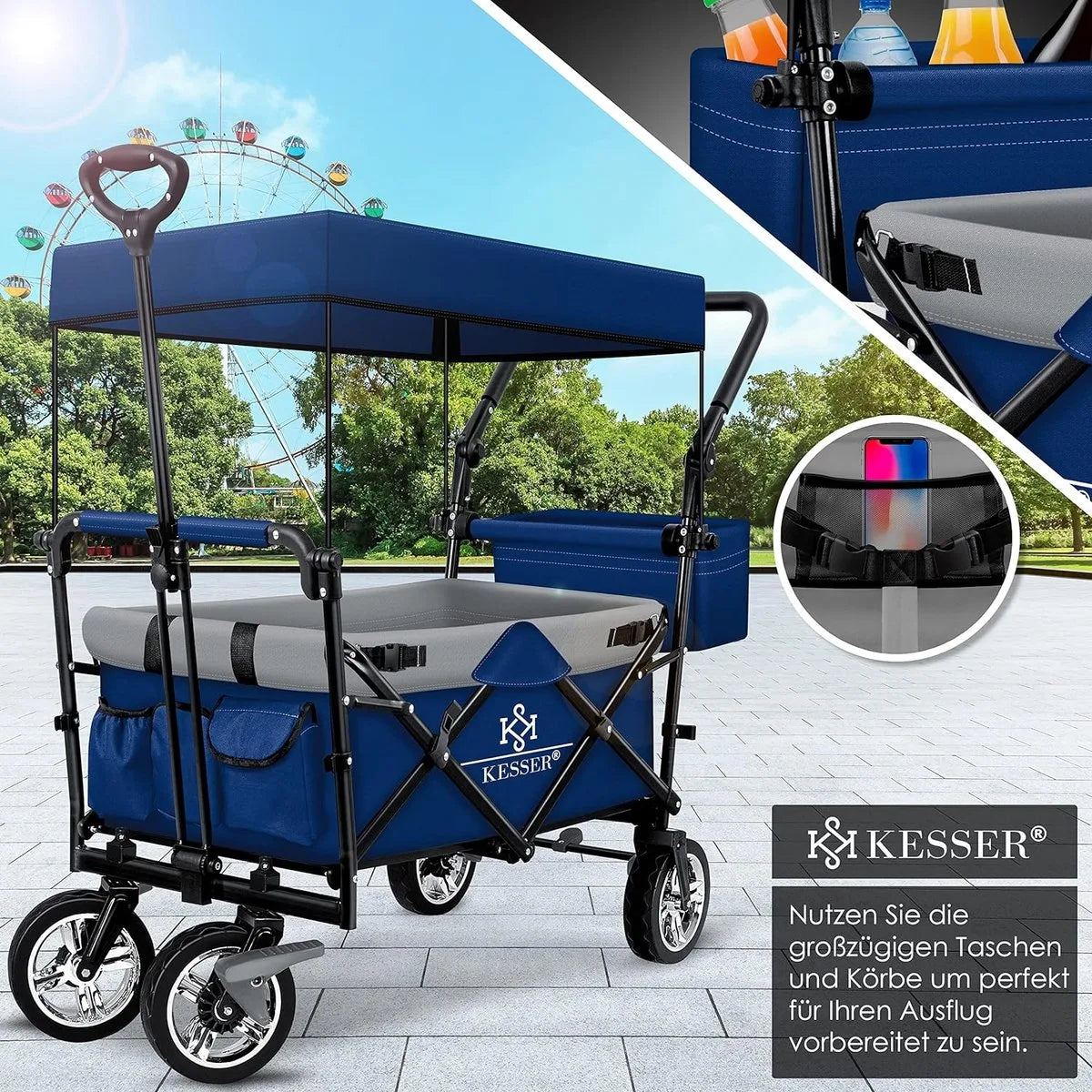 FurnStar - Opvouwbare Handkar Met Dak Handkar - Transportwagen - incl. 2X 3 puntsgordelsysteem - Opvouwbaar - Massief Rubberen Banden - Tot 80kg - Voor en Achterrem - Draagtas, Kaki – Blauw/grijs