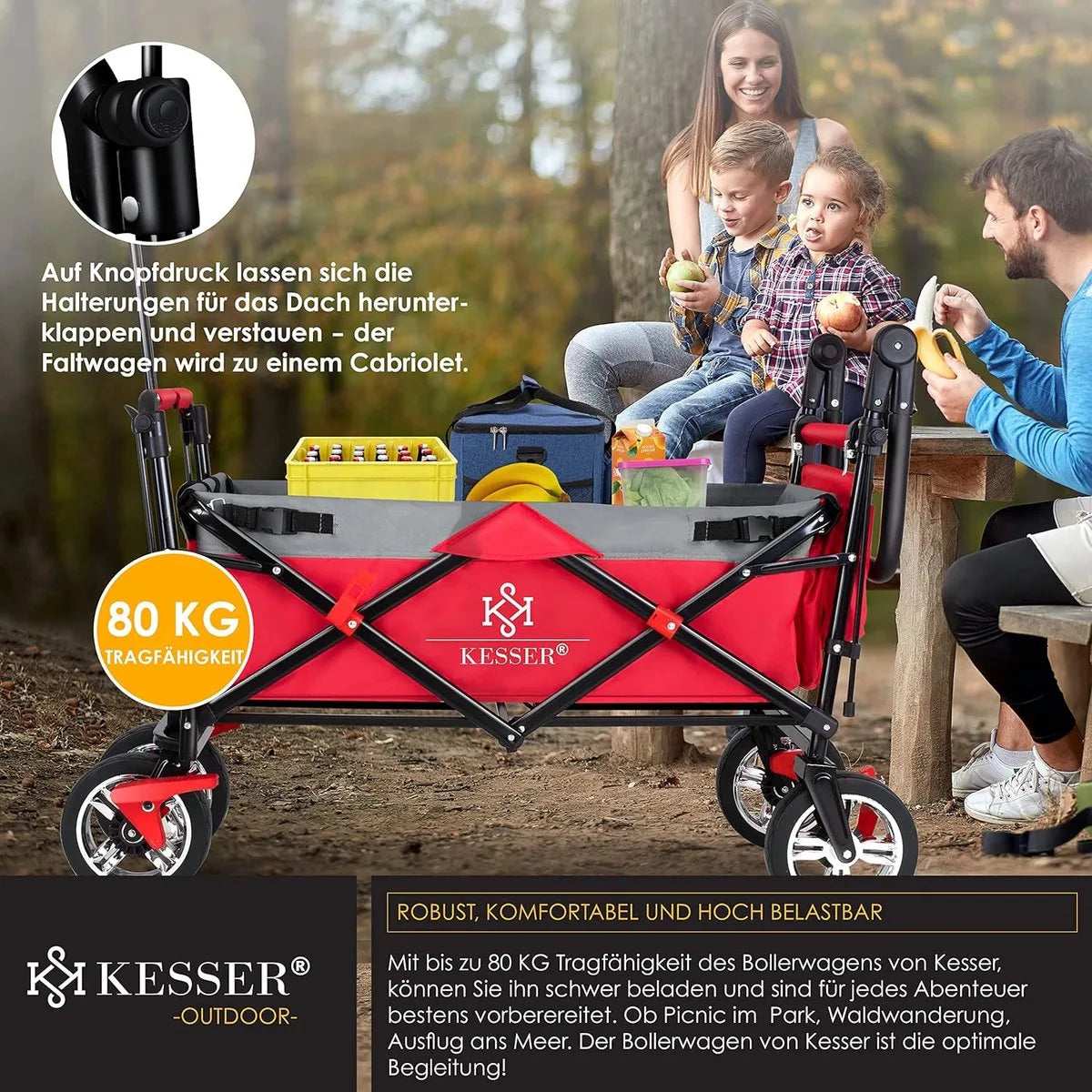 FurnStar - Opvouwbare Handkar Met Dak Handkar - Transportwagen - incl. 2X 3 puntsgordelsysteem - Opvouwbaar - Massief Rubberen Banden - Tot 80kg - Voor en Achterrem - Draagtas, Kaki – Rood/grijs