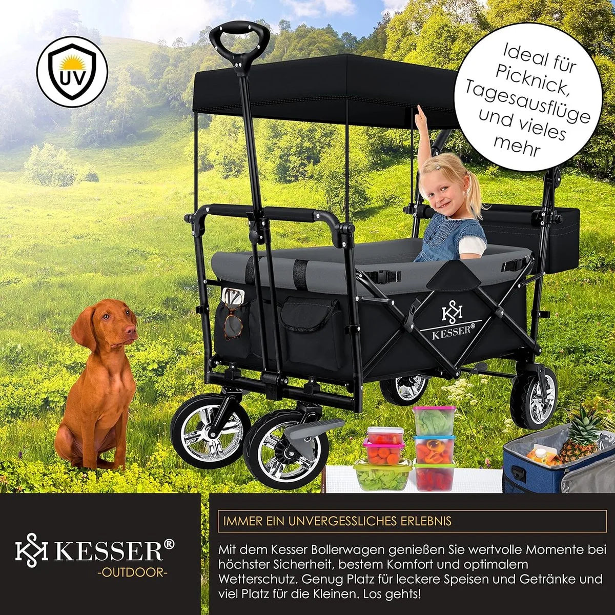 FurnStar - Opvouwbare Handkar Met Dak Handkar - Transportwagen - incl. 2X 3 puntsgordelsysteem - Opvouwbaar - Massief Rubberen Banden - Tot 80kg - Voor en Achterrem - Draagtas, Kaki – Zwart