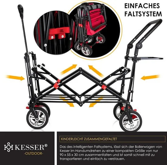 FurnStar - Opvouwbare Handkar Met Dak Handkar - Transportwagen - incl. 2X 3 puntsgordelsysteem - Opvouwbaar - Massief Rubberen Banden - Tot 80kg - Voor en Achterrem - Draagtas, Kaki – Rood/grijs