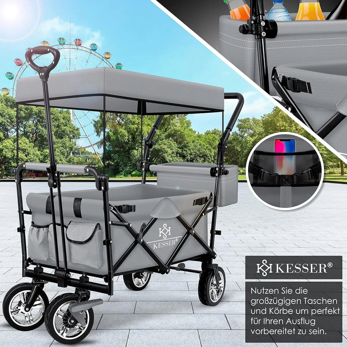 FurnStar - Opvouwbare Handkar Met Dak Handkar - Transportwagen - incl. 2X 3 puntsgordelsysteem - Opvouwbaar - Massief Rubberen Banden - Tot 80kg - Voor en Achterrem - Draagtas, Kaki – Grijs