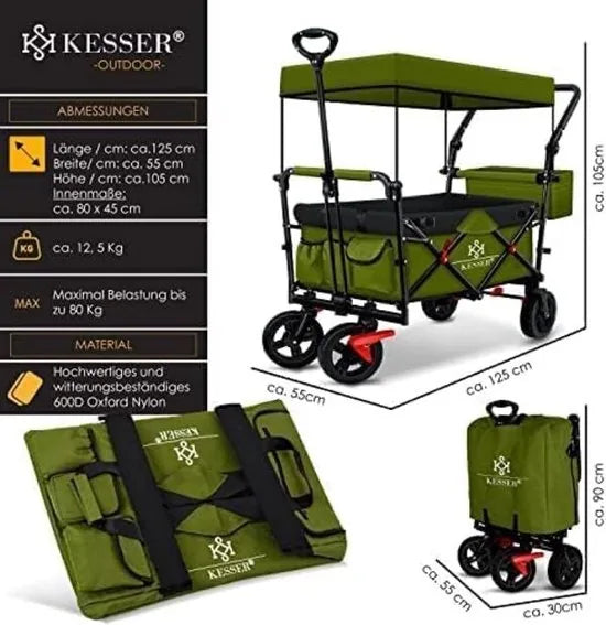 FurnStar - Opvouwbare Handkar Met Dak Handkar - Transportwagen - incl. 2X 3 puntsgordelsysteem - Opvouwbaar - Massief Rubberen Banden - Tot 80kg - Voor en Achterrem - Draagtas, Kaki