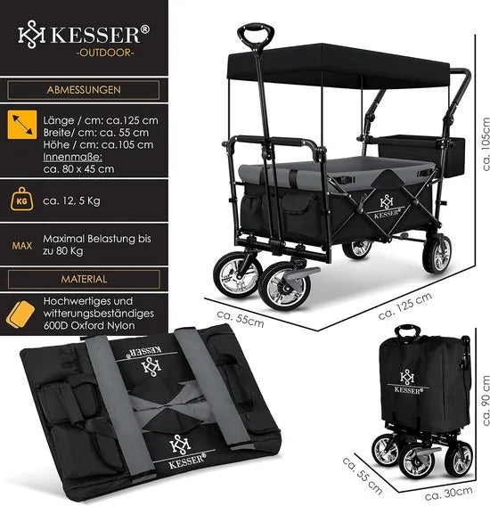 FurnStar - Opvouwbare Handkar Met Dak Handkar - Transportwagen - incl. 2X 3 puntsgordelsysteem - Opvouwbaar - Massief Rubberen Banden - Tot 80kg - Voor en Achterrem - Draagtas, Kaki – Zwart