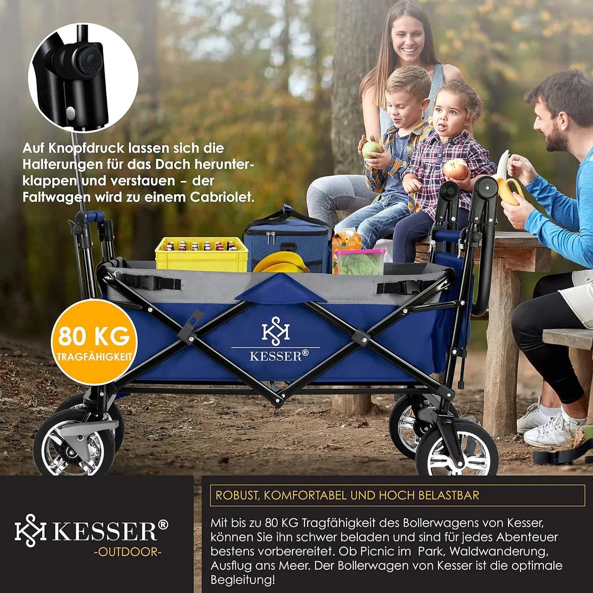 FurnStar - Opvouwbare Handkar Met Dak Handkar - Transportwagen - incl. 2X 3 puntsgordelsysteem - Opvouwbaar - Massief Rubberen Banden - Tot 80kg - Voor en Achterrem - Draagtas, Kaki – Blauw/grijs