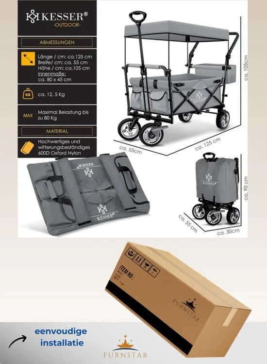 FurnStar - Opvouwbare Handkar Met Dak Handkar - Transportwagen - incl. 2X 3 puntsgordelsysteem - Opvouwbaar - Massief Rubberen Banden - Tot 80kg - Voor en Achterrem - Draagtas, Kaki – Grijs