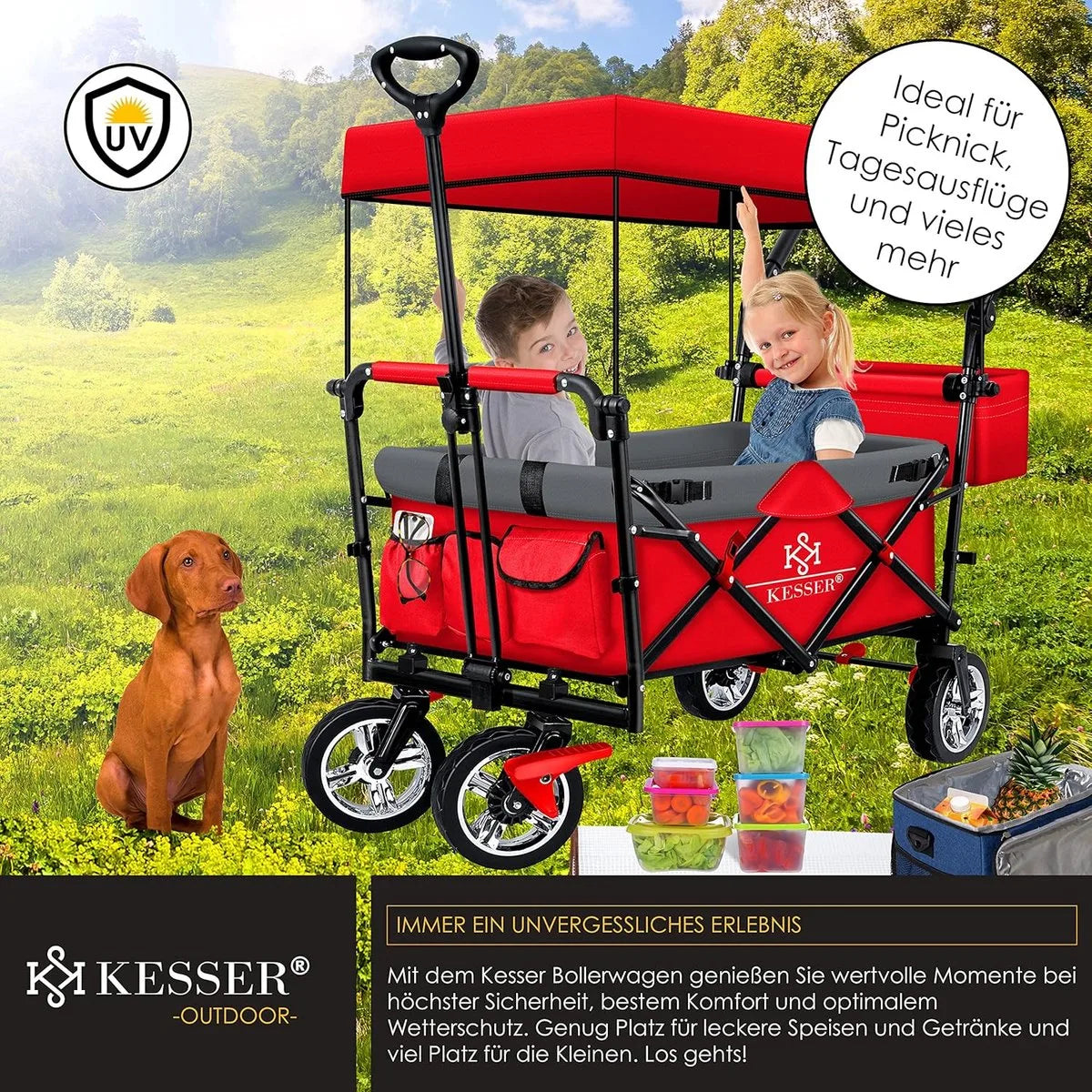FurnStar - Opvouwbare Handkar Met Dak Handkar - Transportwagen - incl. 2X 3 puntsgordelsysteem - Opvouwbaar - Massief Rubberen Banden - Tot 80kg - Voor en Achterrem - Draagtas, Kaki – Rood/grijs