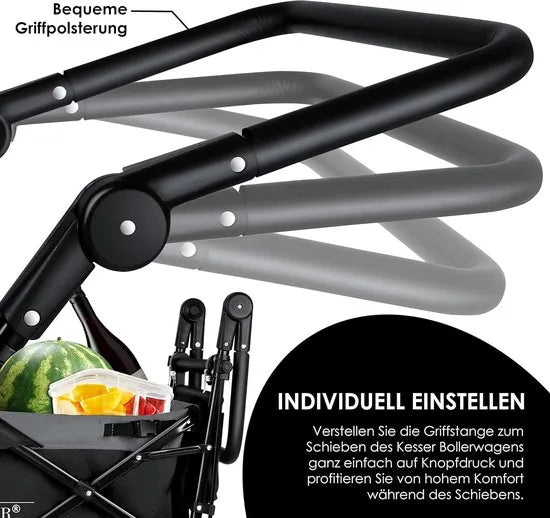 FurnStar - Opvouwbare Handkar Met Dak Handkar - Transportwagen - incl. 2X 3 puntsgordelsysteem - Opvouwbaar - Massief Rubberen Banden - Tot 80kg - Voor en Achterrem - Draagtas, Kaki – Zwart
