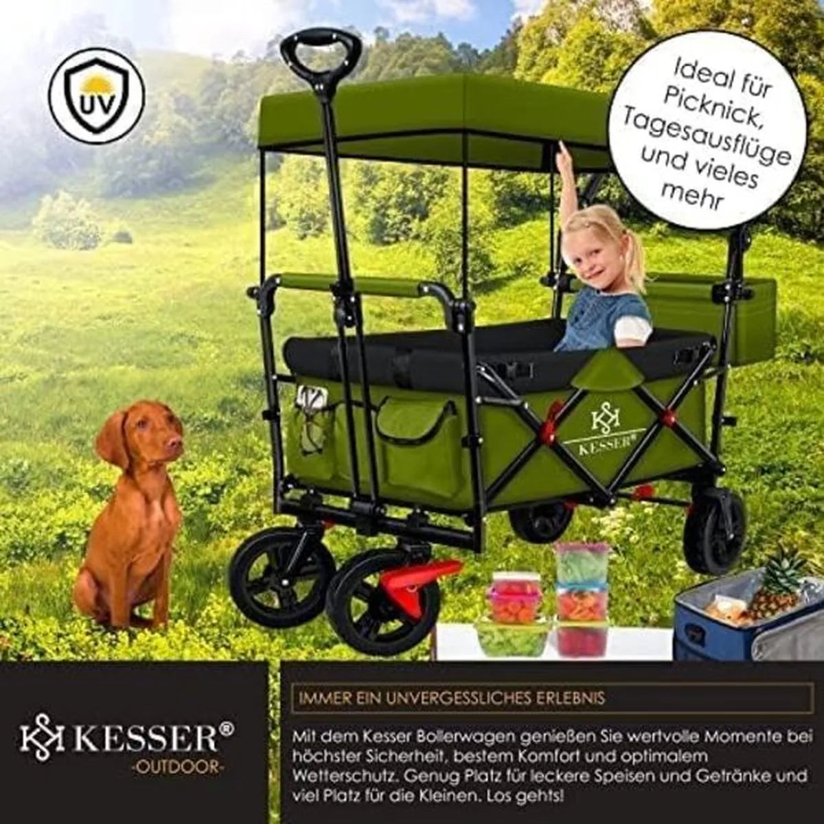 FurnStar - Opvouwbare Handkar Met Dak Handkar - Transportwagen - incl. 2X 3 puntsgordelsysteem - Opvouwbaar - Massief Rubberen Banden - Tot 80kg - Voor en Achterrem - Draagtas, Kaki