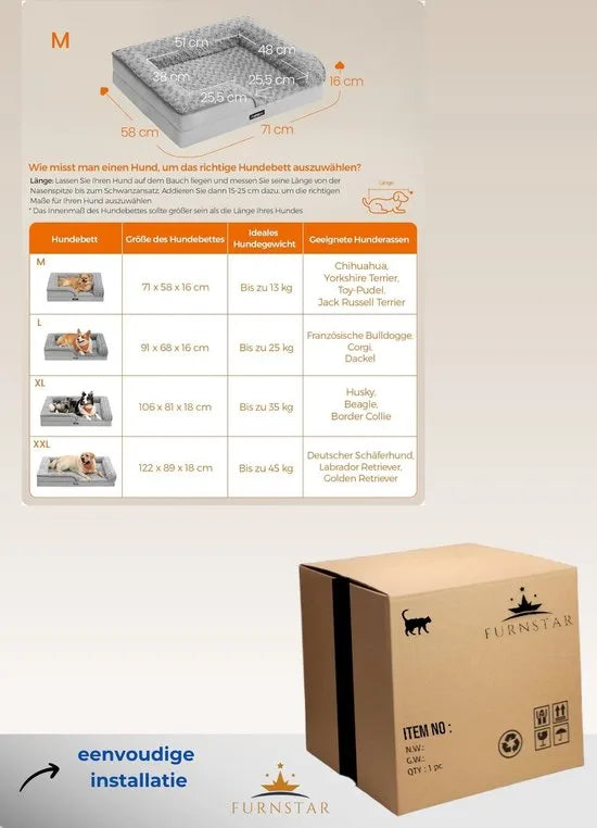 FurnStar - Orthopedisch hondenbed voor kleine honden - waterdichte hondenbank met afneembare pluche overtrek - 71 x 58 x 16 cm - duifgrijs