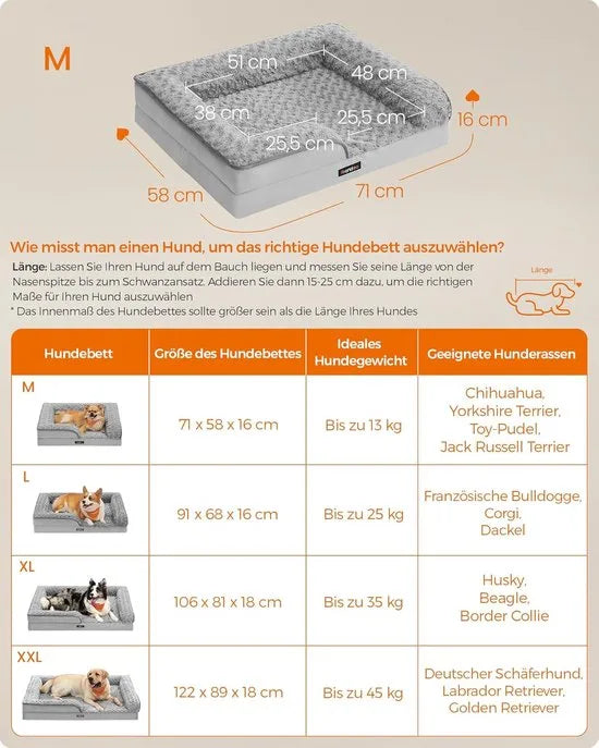 FurnStar - Orthopedisch hondenbed voor kleine honden - waterdichte hondenbank met afneembare pluche overtrek - 71 x 58 x 16 cm - duifgrijs