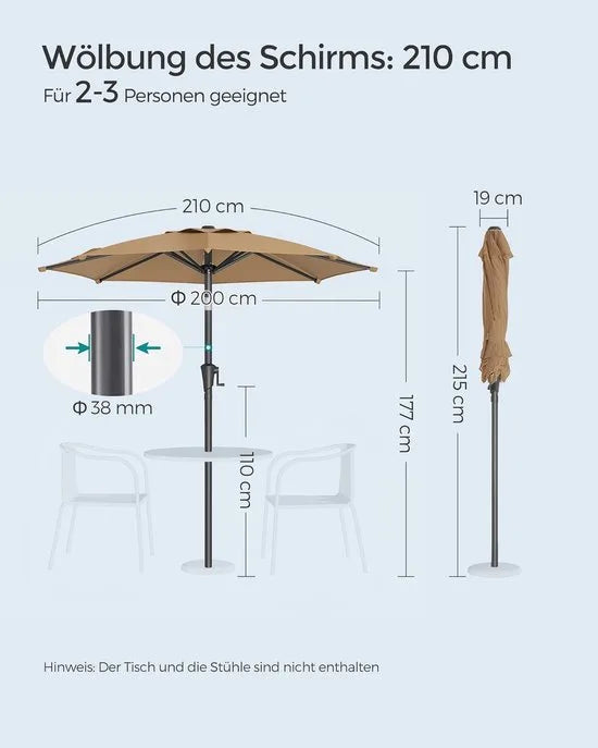 FurnStar - Parasol 210 cm - UPF 50+ - Strandscherm - Aan beide zijden 30° knikbaar - Zonwering - Met zwengel om te openen/sluiten - Voor terras, balkon, zwembad - Grijs – Taupe