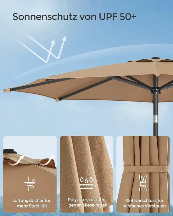 Furnstar - Parasol 340 cm - UPF 50+ zonwering - Strandscherm - Knikbaar aan beide zijden - Met zwengel om te openen/sluiten - Zonder standaard - Voor terras, balkon en zwembad - Beige – Taupe Parasol 270 cm Taupe