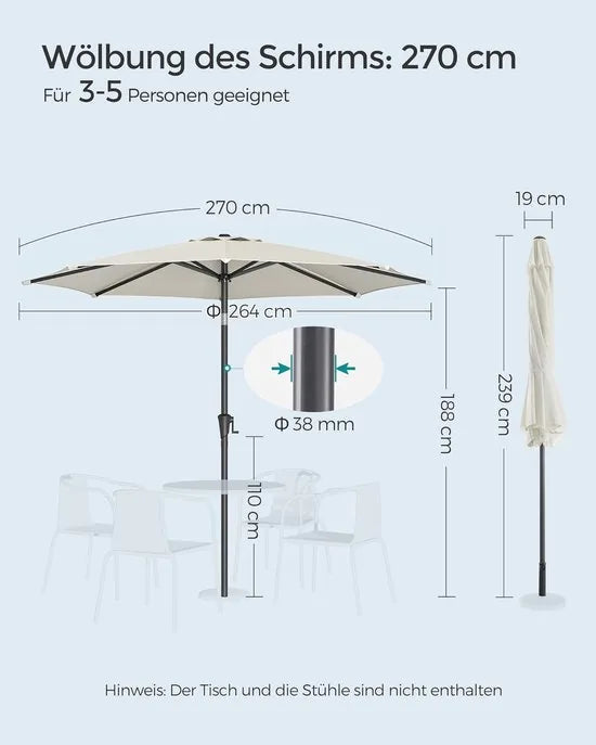 Furnstar - Parasol 340 cm - UPF 50+ zonwering - Strandscherm - Knikbaar aan beide zijden - Met zwengel om te openen/sluiten - Zonder standaard - Voor terras, balkon en zwembad - Beige – Beige Parasol 270 cm Beige
