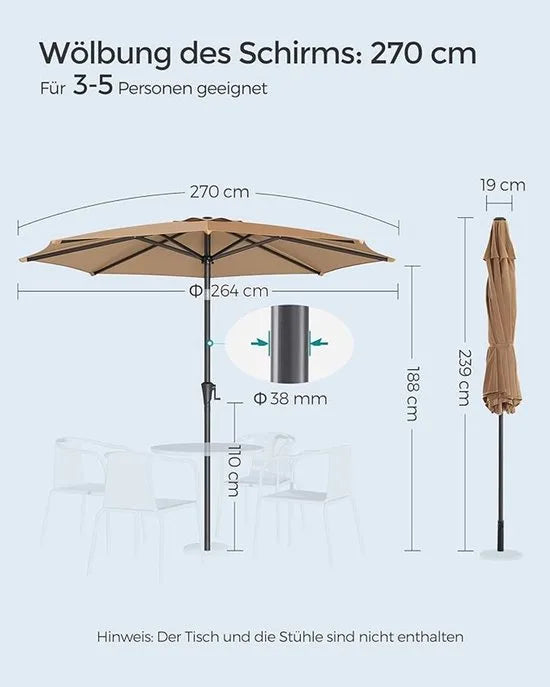 Furnstar - Parasol 340 cm - UPF 50+ zonwering - Strandscherm - Knikbaar aan beide zijden - Met zwengel om te openen/sluiten - Zonder standaard - Voor terras, balkon en zwembad - Beige – Taupe Parasol 270 cm Taupe
