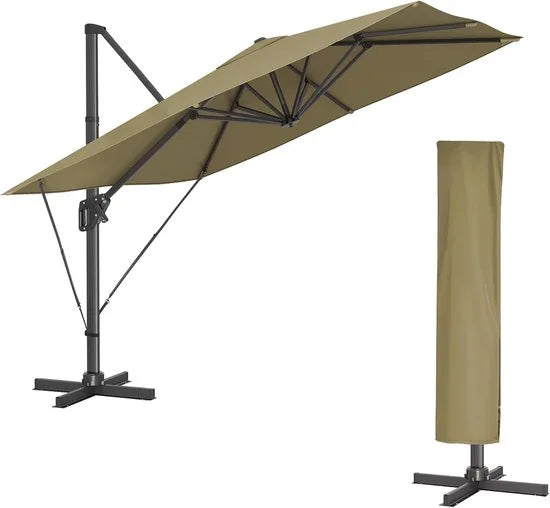 FurnStar - Parasol 290 x 290 cm - Zweefparasol - Tuinscherm - UV-bescherming UPF 50+ - 360° draaibaar - Hellingshoek verstelbaar - Met standaard, bevestigingsriemen en afdekking - Lauriergroen