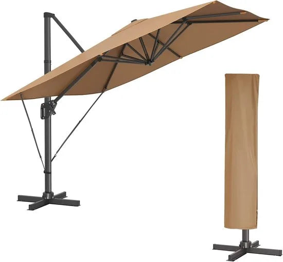 FurnStar zweefparasol 290 x 290 cm rookgrijs – UPF 50+, 360° draaibaar, met voet en hoes – Kaki