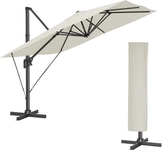 FurnStar zweefparasol 290 x 290 cm rookgrijs – UPF 50+, 360° draaibaar, met voet en hoes – Beige