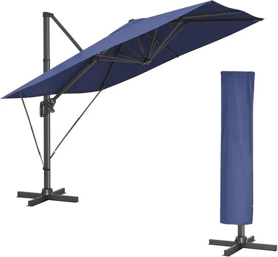 FurnStar zweefparasol 290 x 290 cm rookgrijs – UPF 50+, 360° draaibaar, met voet en hoes – Schemerblauw