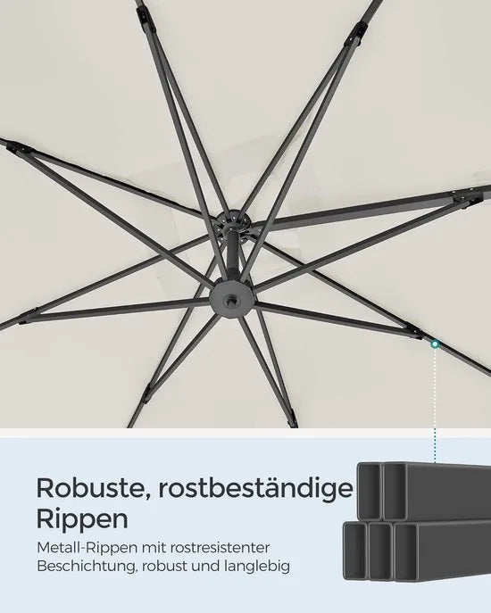 FurnStar zweefparasol 290 x 290 cm rookgrijs – UPF 50+, 360° draaibaar, met voet en hoes – Beige