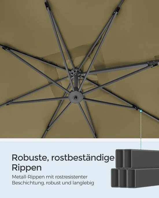FurnStar zweefparasol 290 x 290 cm rookgrijs – UPF 50+, 360° draaibaar, met voet en hoes – Lauriergroen