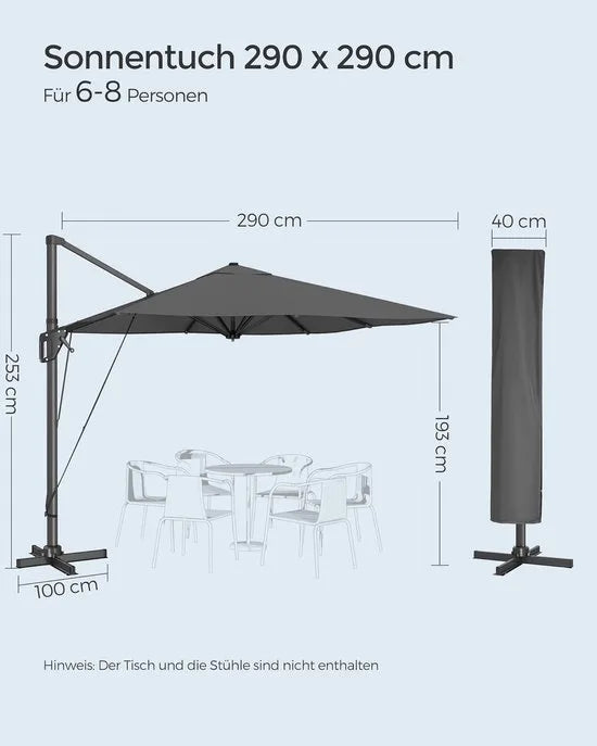 FurnStar - Parasol 290 x 290 cm - Zweefparasol - Tuinscherm - UV-bescherming UPF 50+ - 360° draaibaar - Hellingshoek verstelbaar - Met standaard, bevestigingsriemen en afdekking - Rookgrijs