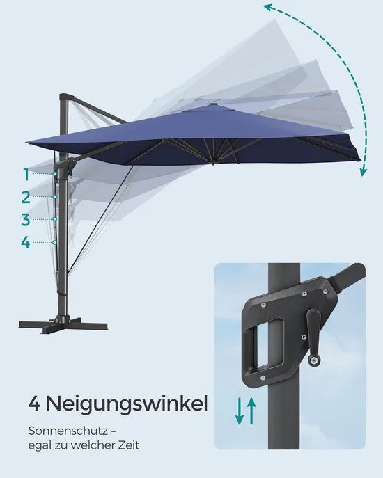 FurnStar zweefparasol 290 x 290 cm rookgrijs – UPF 50+, 360° draaibaar, met voet en hoes – Schemerblauw