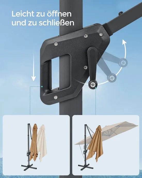 FurnStar zweefparasol 290 x 290 cm rookgrijs – UPF 50+, 360° draaibaar, met voet en hoes – Kaki