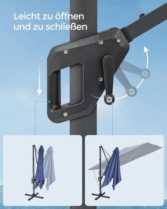FurnStar zweefparasol 290 x 290 cm rookgrijs – UPF 50+, 360° draaibaar, met voet en hoes – Schemerblauw