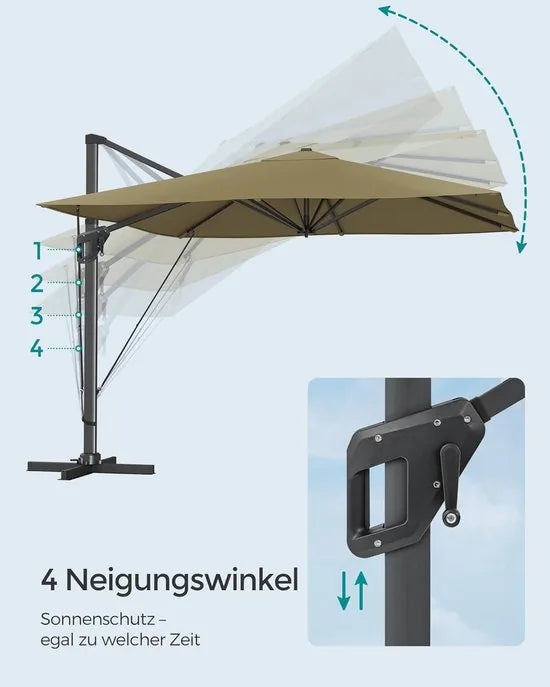 FurnStar zweefparasol 290 x 290 cm rookgrijs – UPF 50+, 360° draaibaar, met voet en hoes – Lauriergroen
