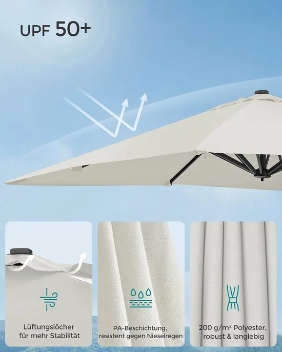 FurnStar zweefparasol 290 x 290 cm rookgrijs – UPF 50+, 360° draaibaar, met voet en hoes – Beige