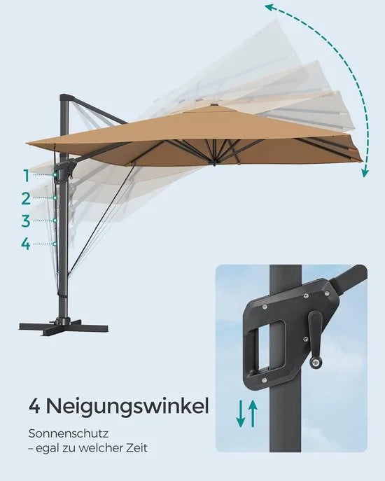 FurnStar zweefparasol 290 x 290 cm rookgrijs – UPF 50+, 360° draaibaar, met voet en hoes – Kaki
