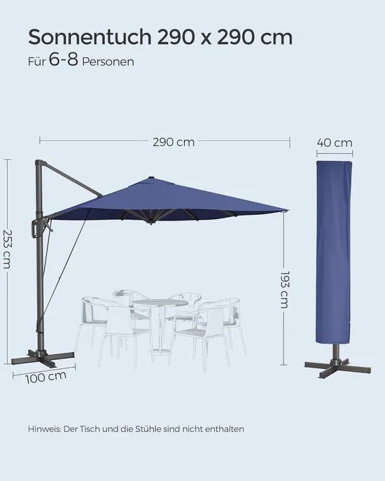 FurnStar zweefparasol 290 x 290 cm rookgrijs – UPF 50+, 360° draaibaar, met voet en hoes – Schemerblauw