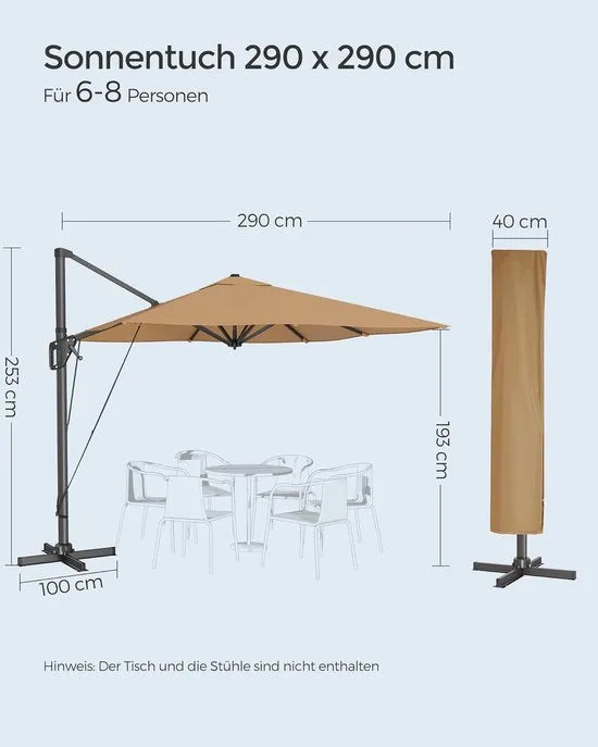 FurnStar zweefparasol 290 x 290 cm rookgrijs – UPF 50+, 360° draaibaar, met voet en hoes – Kaki