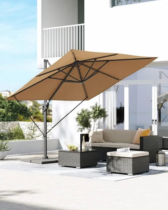 FurnStar zweefparasol 290 x 290 cm rookgrijs – UPF 50+, 360° draaibaar, met voet en hoes – Kaki