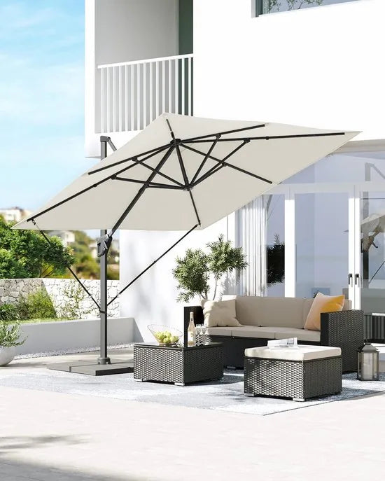 FurnStar zweefparasol 290 x 290 cm rookgrijs – UPF 50+, 360° draaibaar, met voet en hoes – Beige
