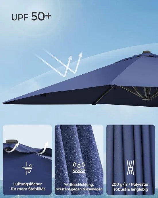 FurnStar zweefparasol 290 x 290 cm rookgrijs – UPF 50+, 360° draaibaar, met voet en hoes – Schemerblauw