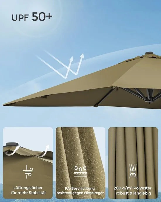 FurnStar - Parasol 290 x 290 cm - Zweefparasol - Tuinscherm - UV-bescherming UPF 50+ - 360° draaibaar - Hellingshoek verstelbaar - Met standaard, bevestigingsriemen en afdekking - Lauriergroen