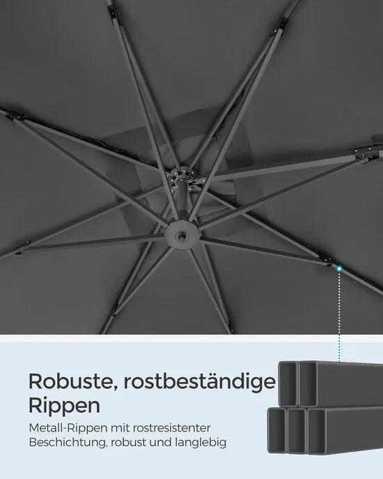 FurnStar - Parasol 290 x 290 cm - Zweefparasol - Tuinscherm - UV-bescherming UPF 50+ - 360° draaibaar - Hellingshoek verstelbaar - Met standaard, bevestigingsriemen en afdekking - Rookgrijs